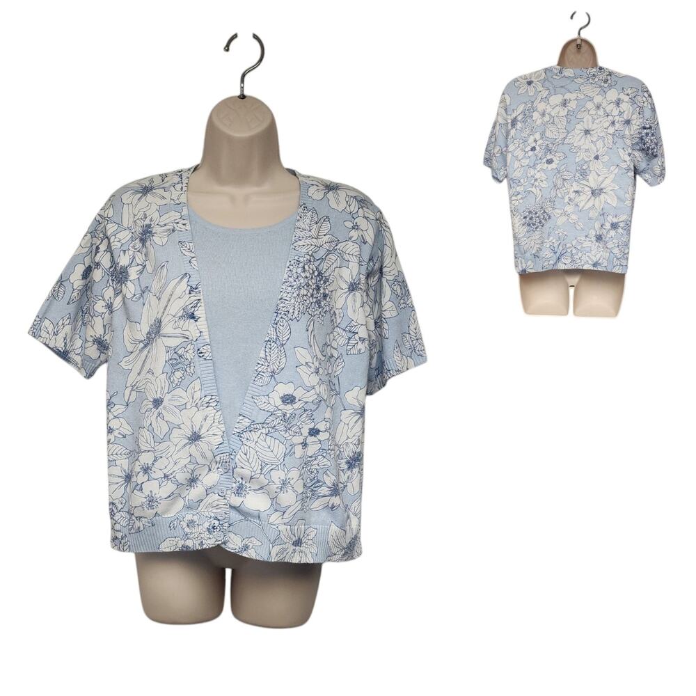 CATHY DANIELS  Cardigan Layer Floral Sweater Blue/White Size Large